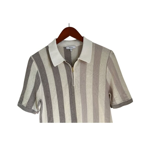 Reiss Striped Wool Cotton Polo Shirt With Half-Zip & Collar In Beige & Gray Size - Picture 3 of 8